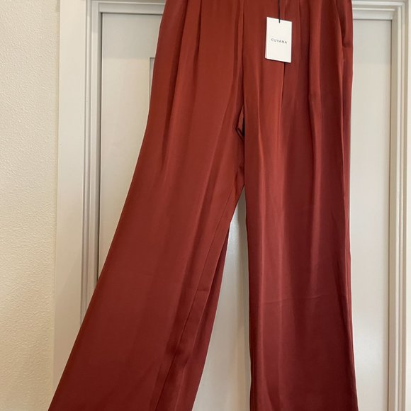 cuyana charmeuse wide leg silk pants terracotta 100% silk pockets warm red brown - Picture 5 of 8